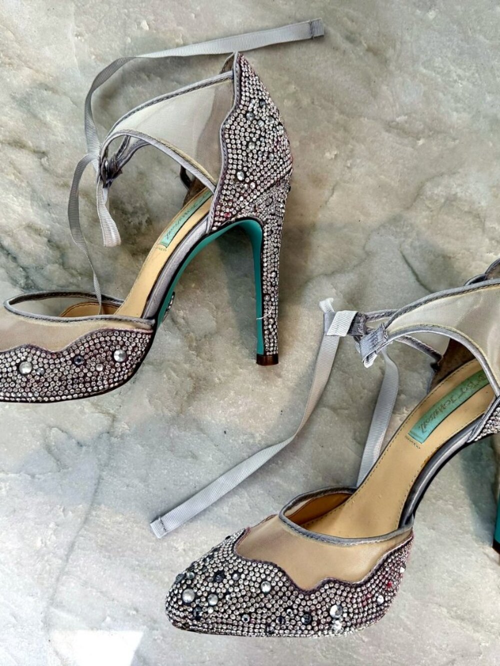 Blue by Betsey Johnson SB-Iris Silver Rhinestone Mesh Ankle Tie Pumps Size 7